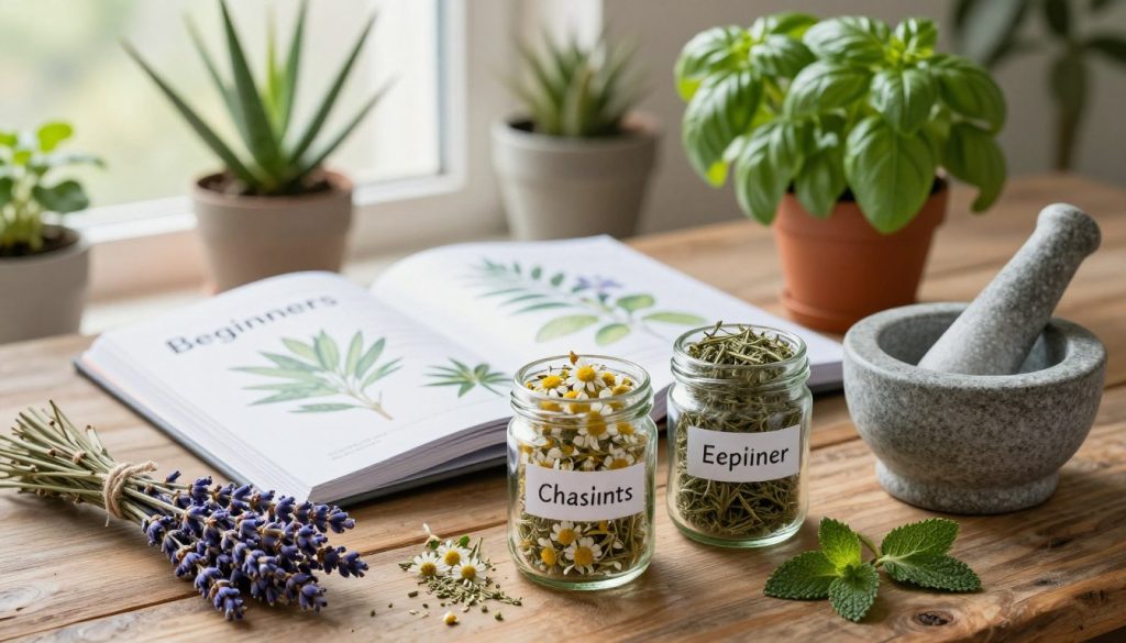A beautifully arranged display of herbal remedies for beginners, set on a rustic wooden table. In the foreground, an assortment of dried herbs such as lavender, chamomile, and peppermint in clear glass jars, labeled for easy identification. A mortar and pestle made of stone rests beside them, suggesting preparation. In the middle ground, a beginner's guidebook with a botanical illustration on its cover, partially open, inviting exploration. In the background, soft sunlight filters through a window, illuminating potted plants like aloe vera and basil, creating a warm, inviting atmosphere. The overall mood is serene and educational, capturing the essence of natural wellness and the gentle art of herbal medicine. Use a shallow depth of field to emphasize the foreground details while softly blurring the background.