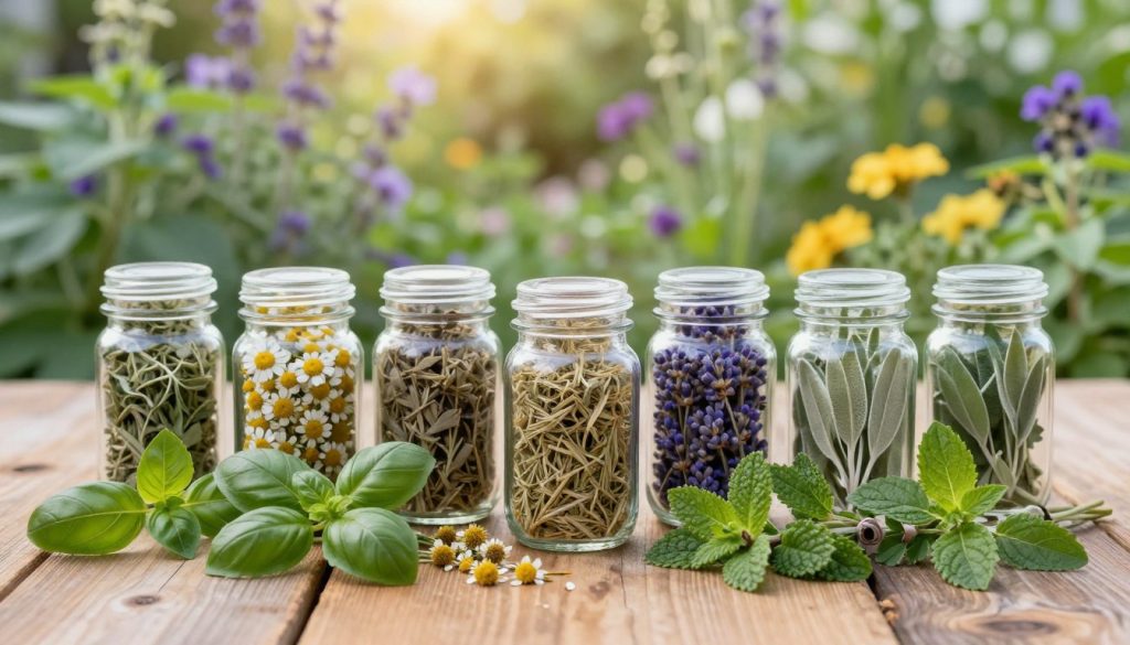 A beautifully arranged layout of popular herbal remedies on a rustic wooden table. In the foreground, vibrant green leaves of basil, mint, and oregano are freshly picked and artfully displayed. In the middle, jars of dried herbs like chamomile, dried lavender, and sage are neatly lined up, showcasing their rich colors and textures. The background features a softly blurred herbal garden scene, with various plants in full bloom under warm, natural sunlight, creating an inviting and serene atmosphere. The image should capture the essence of wellness and natural healing, emphasizing freshness with soft lighting and a shallow depth of field for an artistic touch. The overall mood is calm and rejuvenating, perfect for illustrating the benefits of medicinal herbs.