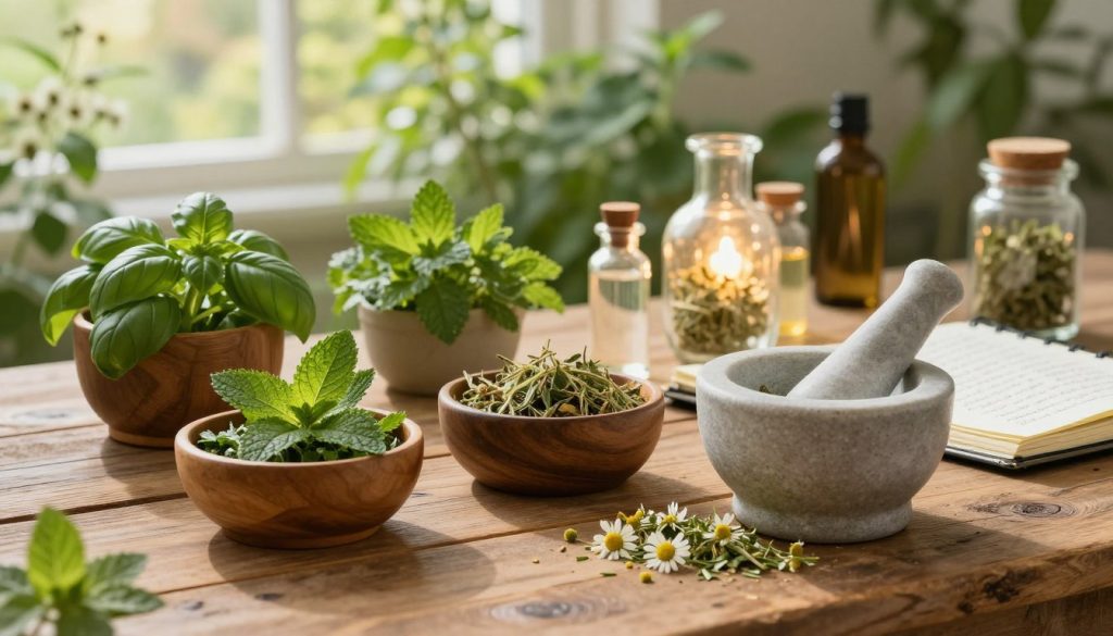 A beautifully arranged scene of herbal preparations on a rustic wooden table, featuring an assortment of fresh herbs such as basil, peppermint, and chamomile in wooden bowls and glass jars. In the foreground, a mortar and pestle made of smooth stone, with crushed herbs scattered nearby, highlighting the preparation process. In the middle ground, delicate glass vials and a notebook with handwritten notes about herbal remedies, softly glowing in warm, natural light from a nearby window. The background features a blurred herbal garden with lush green foliage and soft sunlight filtering through, creating a tranquil and inviting atmosphere. The color palette is warm and earthy, evoking a sense of calm and wellness, ideal for illustrating the art of herbal remedy preparation.