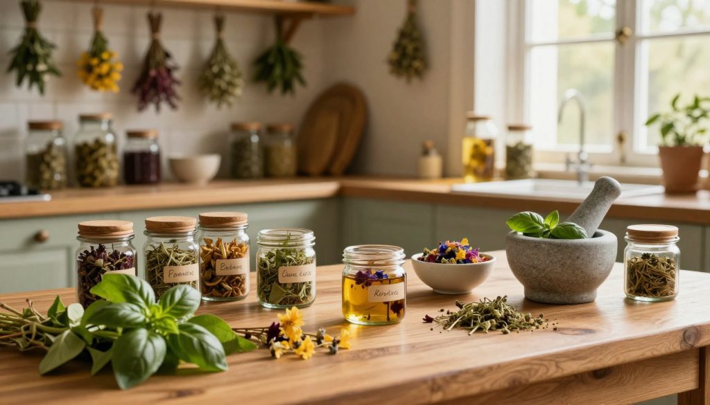 A beautifully arranged wooden kitchen table filled with various herbal preparations. In the foreground, vibrant green leaves, dried flowers, and herbs neatly labeled in small glass jars. A mortar and pestle, made of smooth stone, sits nearby with fresh basil being ground. In the middle ground, a few bowls filled with colorful herbal tinctures and oils catch the soft, golden light filtering through a nearby window. The background features rustic shelves lined with vintage glass jars and bundles of dried herbs hanging from the ceiling, creating a warm, inviting atmosphere. The overall mood is natural and earthy, evoking a sense of healing and wellness, with soft shadows complementing the gentle light. The scene is captured with a warm color palette, adding to the tranquil and holistic feel of the image.