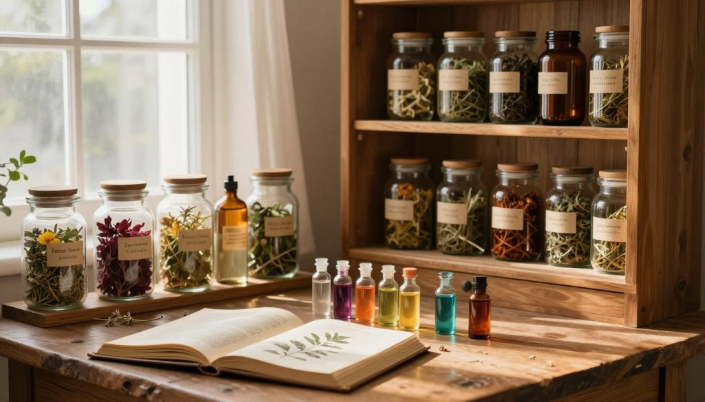 A cozy herbal apothecary storage scene, showcasing a wooden cabinet filled with various glass jars and bottles, each containing vibrant dried herbs and plant materials. In the foreground, a rustic wooden table displays open herb books with illustrated pages, alongside small glass vials filled with colorful tinctures. The middle section features shelves neatly organized with labeled jars made of amber glass, letting the light filter through, creating warm, inviting hues. In the background, soft sunlight streams through a window with sheer curtains, casting gentle shadows that enhance the tranquil atmosphere. Soft focus, warm lighting, and a slightly overcast midday ambiance evoke a sense of peace and well-being, inspiring a connection with nature’s remedies.