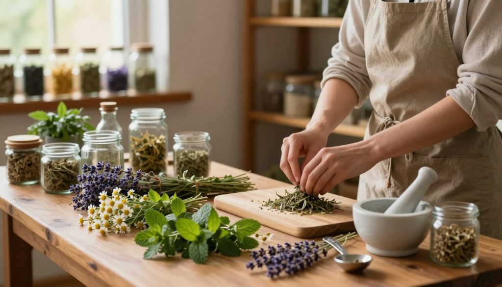 A cozy herbal workshop scene focused on the preparation of herbal remedies. In the foreground, a wooden table is adorned with an array of fresh herbs like chamomile, mint, and lavender, alongside mortar and pestle, glass jars, and measuring spoons. A person in modest casual clothing, perhaps wearing an apron, is carefully grinding herbs, their concentration evident. The middle ground features shelves filled with colorful dried herbs and glass containers, while a small window in the background lets in warm, natural light, creating a soft glow. The atmosphere is inviting and calming, evoking a sense of wellness and connection to nature, captured with a slightly blurred soft focus to emphasize the serene mood of herbal preparation.