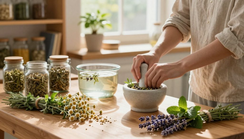 A cozy kitchen scene showcasing the preparation of herbal remedies. In the foreground, a wooden table is cluttered with fresh herbs like chamomile, lavender, and mint, along with a mortar and pestle, some dried herbs in glass jars, and a small pot of boiling water. A pair of hands, dressed in modest casual clothing, carefully crushes the herbs in the mortar. In the middle ground, a window allows soft, warm sunlight to stream in, casting gentle shadows. In the background, shelves lined with more jars, herbal books, and a potted plant create a homely ambiance. The overall mood is calming and inviting, emphasizing tranquility and the art of natural healing, with a focus on the tactile experience of crafting remedies.