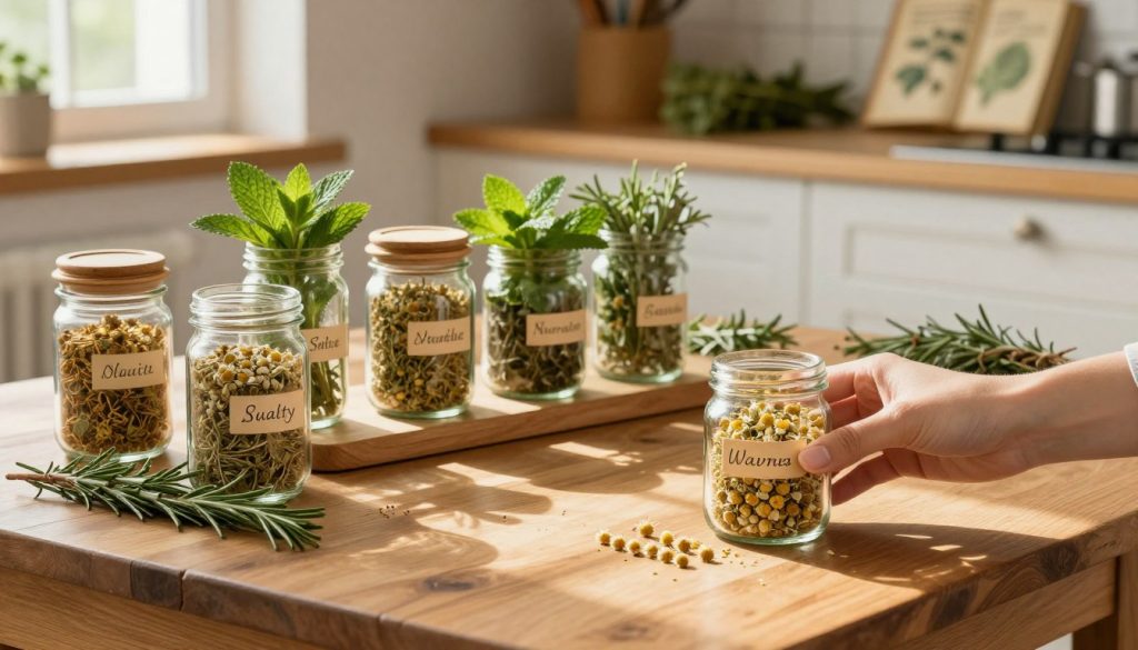 A rustic wooden table filled with various quality dried herbs like chamomile, mint, and rosemary in glass jars, carefully labeled. In the foreground, a hand gently selects a jar, showcasing a warm, inviting atmosphere. The middle layer features an array of herbs arranged artistically, highlighted by soft, natural lighting streaming in from a nearby window, casting delicate shadows. In the background, a cozy kitchen shelf holds additional herb bundles and vintage botanical books, enhancing the theme of herbal wellness. The image is taken with a shallow depth of field to create a soft-focus effect, evoking a sense of tranquility and connection to nature. Overall, the mood is calm and nurturing, perfect for inspiring wellness practices.