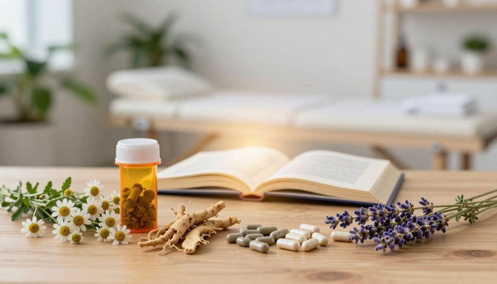 A serene and balanced composition illustrating the concept of herb-drug interactions. In the foreground, show a wooden table with various herbs like chamomile, valerian root, and lavender, neatly arranged alongside prescription bottles and capsules, emphasizing the contrasting elements of natural and pharmaceutical remedies. In the middle ground, depict a soft, glowing light emanating from an open book on herbal medicine, hinting at the importance of knowledge in safe usage. The background should be a blurred, calming scene of a wellness clinic, with green plants and soft, warm colors to create a tranquil and professional atmosphere. The lighting should be warm and inviting, capturing a sense of safety and caution.