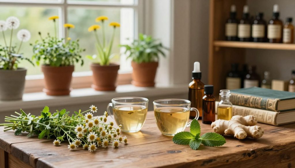 A serene and inviting herbal study setting filled with a variety of essential herbs for digestive health. In the foreground, a rustic wooden table displays fresh chamomile flowers, ginger roots, and peppermint leaves artfully arranged alongside small glass jars filled with herbal teas and tinctures. In the middle ground, softly illuminated by warm natural light filtering through a nearby window, potted plants like fennel and dandelion sit on a windowsill, enhancing the atmosphere of wellness. The background features shelves filled with antique apothecary bottles and reference books, contributing to a cozy, knowledge-infused environment. The overall mood is calm, nurturing, and organic, inviting viewers to explore the benefits of herbal remedies for daily wellness.