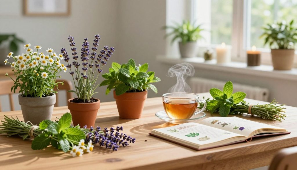 A serene and inviting space dedicated to a daily herbal routine for stress management. In the foreground, a wooden table is adorned with an assortment of fresh herbs like chamomile, lavender, and mint, arranged thoughtfully in small clay pots and in loose bundles. A steaming cup of herbal tea sits beside a beautifully illustrated recipe book, filled with calming herbal remedies. The middle ground features soft natural lighting filtering through a window, casting gentle shadows on the table, enhancing the tranquil atmosphere. In the background, a light, airy room decorated with calming green plants and herbal-infused candles promotes relaxation. The overall mood is peaceful and nurturing, inspiring viewers to embrace a mindful approach to self-care.