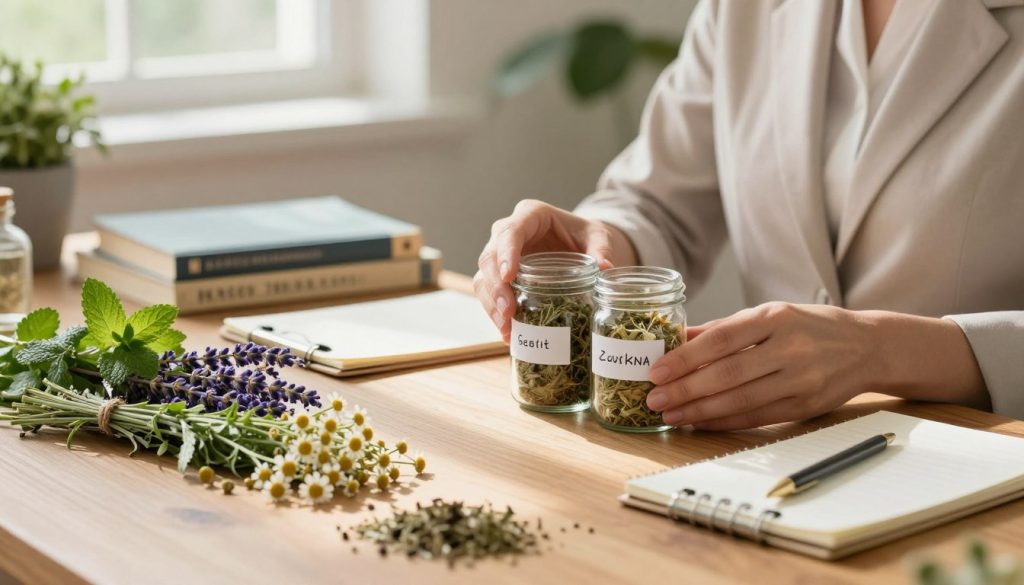 A serene and tranquil herbal workspace featuring a wooden table adorned with various fresh herbs like chamomile, lavender, and peppermint. In the foreground, a person in professional business attire is meticulously labeling jars filled with herbal mixtures, showcasing a focus on safety and organization. The middle ground features herbal books and a notepad, emphasizing education and careful tracking of herbal use. In the background, soft natural light streams through a window, casting gentle shadows, creating an inviting and calming atmosphere. The overall mood should convey careful consideration, safety, and respect for herbal remedies, highlighting a responsible approach to relaxation and stress relief.