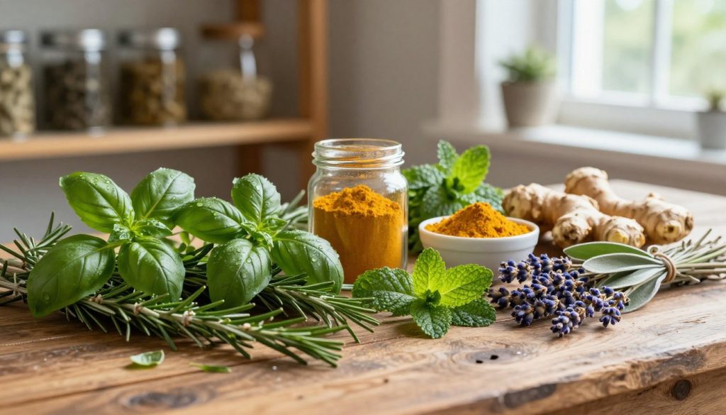 A serene composition showcasing an abundance of essential herbs for wellness spread across a rustic wooden table. In the foreground, lush green leaves of basil, rosemary, and mint are artfully arranged alongside dried lavender and sage bundles. In the middle, a glass jar filled with golden turmeric powder and a small bowl of fresh ginger root add vibrant color. The background features softly blurred shelves lined with herbal tea tins and rustic jars, enhancing a cozy atmosphere. Natural sunlight filters through a nearby window, casting gentle shadows and highlighting the fresh dew on the herbs. The overall mood conveys tranquility and natural abundance, inviting viewers to explore the wellness benefits of these herbs.