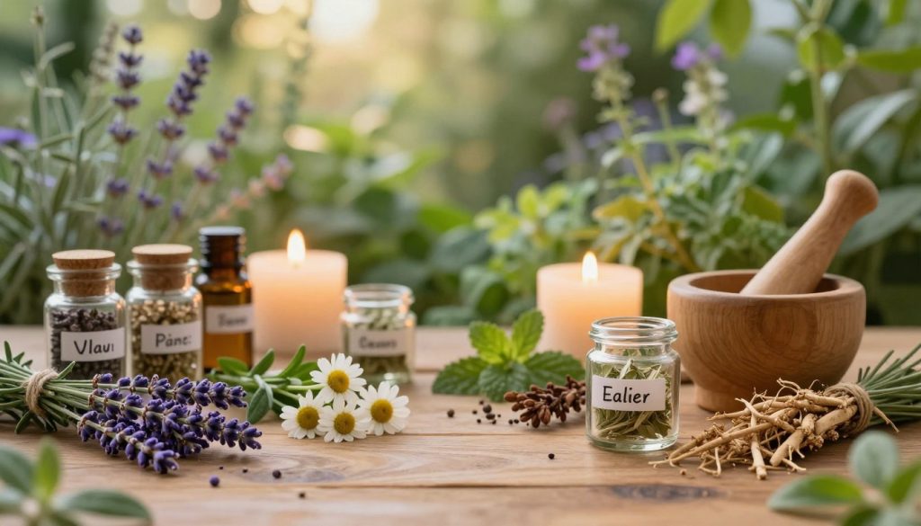 A serene herbal apothecary scene showcasing an array of natural remedies for stress relief. In the foreground, a beautifully arranged wooden table displays various herbs such as lavender, chamomile, and valerian root, along with neatly labeled glass jars and wooden mortar and pestle. In the middle ground, a softly glowing candle emits warm light, creating a cozy atmosphere, while fresh green plants are artfully scattered around. The background features a softly blurred herbal garden filled with lush foliage and gentle sunlight filtering through, enhancing the calming vibe. The overall lighting is warm and inviting, evoking tranquility and relaxation. The composition should invite the viewer to feel a sense of peace and natural well-being, perfect for an article on herbal remedies.