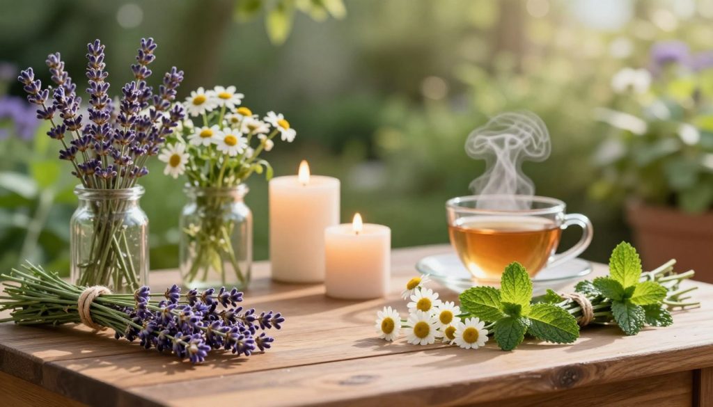 A serene herbal remedy setup for stress relief, featuring a beautifully arranged wooden table in the foreground. Display vibrant, fresh herbs such as lavender, chamomile, and mint in elegant glass jars and beside neatly tied bundles. In the middle ground, include soft, glowing candles and a steaming cup of herbal tea, inviting warmth and comfort. The background features a lush garden with greenery and soft bokeh lighting to create a tranquil atmosphere. A gentle, diffused sunlight filters through, casting soft shadows, enhancing the peaceful, relaxing mood. The composition should evoke a sense of calm and well-being, perfect for illustrating the theme of herbal stress relief.