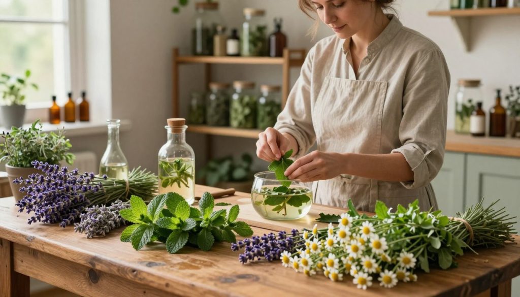 A serene herbal workshop scene, showcasing a variety of medicinal herbs like lavender, peppermint, and chamomile prominently in the foreground, meticulously arranged on a rustic wooden table. In the middle ground, a skilled herbalist in a modest, professional outfit carefully prepares these herbs using traditional methods like crushing leaves and boiling infusions, illuminated by soft, warm natural light streaming through a nearby window. The background features shelves filled with glass jars containing herbs and tinctures, all bathed in a harmonious, tranquil atmosphere that evokes healing and wellness. The overall mood is calming and inviting, highlighting the art and science of herbal preparation for maximum effectiveness. The lens angle captures both the intricacies of the herbs and the herbalist's focused expression, creating an informative yet peaceful setting.