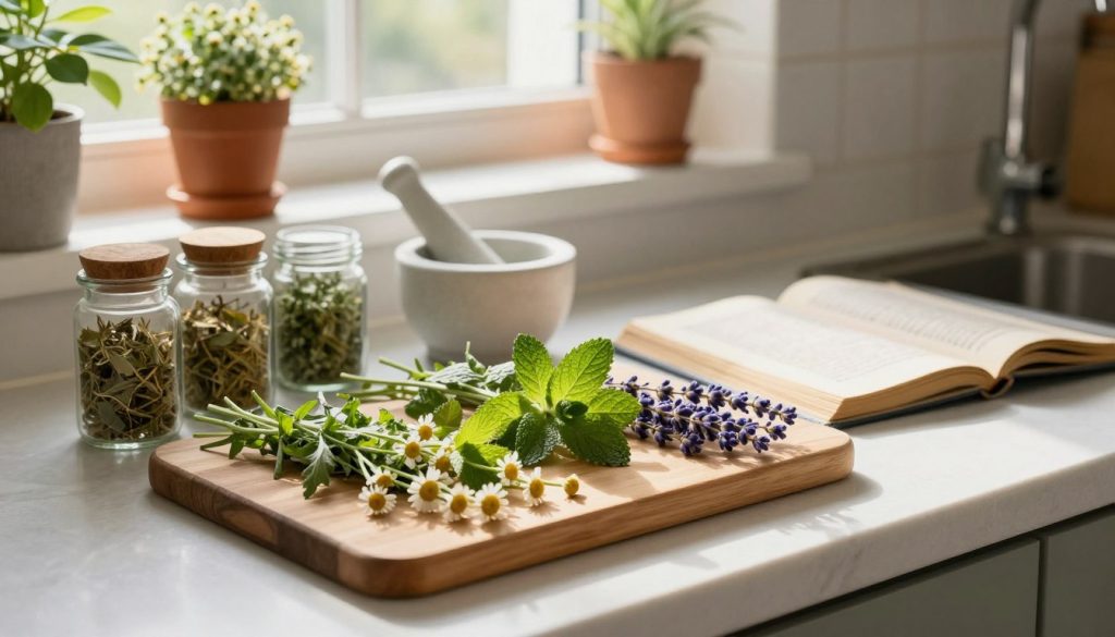 A serene kitchen countertop filled with a variety of safe herbal remedies. In the foreground, a wooden cutting board holds fresh herbs like chamomile, peppermint, and lavender, alongside small glass jars of dried herbs. In the middle ground, a mortar and pestle sit next to an open herbal guidebook, emphasizing natural healing. In the background, sunlight streams through a window, casting a warm glow across the scene, with a few potted plants on the windowsill adding a touch of greenery. The overall mood is calm and inviting, reflecting a safe and effective approach to using herbs in everyday life. Use a soft focus lens effect to enhance the tranquility of the image, and capture it from a slightly elevated angle to showcase the layout.