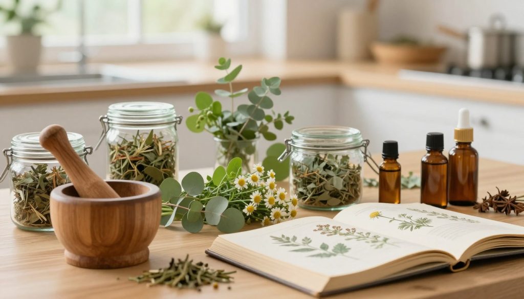 A serene tabletop scene featuring a selection of various herbal medicines, including dried herbs, jars of tinctures, and fresh plants, arranged thoughtfully. In the foreground, a wooden mortar and pestle sits alongside an open book, displaying illustrations of the herbs. The middle ground showcases vibrant green herbs like eucalyptus and chamomile, while a blurred background reveals a soft-focus kitchen environment with natural light streaming through a window, creating a warm and inviting atmosphere. The scene captures an essence of safety and care in herbal medicine use, emphasizing the importance of knowledge and professionalism in natural remedies. The image is softly lit, evoking a peaceful, healing vibe, suitable for educational purposes.