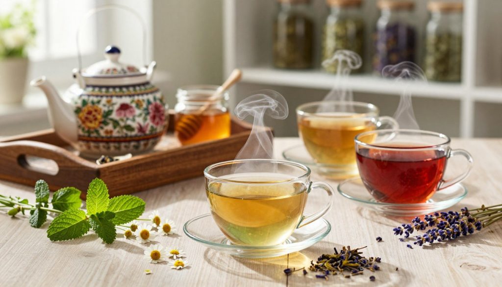A serene tabletop scene featuring an assortment of herbal teas and infusions. In the foreground, elegant glass teacups filled with steaming herbal brews in vibrant hues of green, amber, and deep red, accompanied by fresh herbs like mint, chamomile blossoms, and dried lavender petals scattered around. In the middle ground, a rustic wooden tray holds a teapot adorned with intricate floral patterns, with a small spoon and a honey jar. The background showcases softly blurred shelves filled with glass jars of loose herbs, creating a cozy herbalist environment. The lighting is warm and natural, reminiscent of sunlight filtering through a window, casting gentle shadows and enhancing the tranquil atmosphere. The composition conveys a sense of peace and wellness, inviting the viewer to explore the world of herbal remedies.