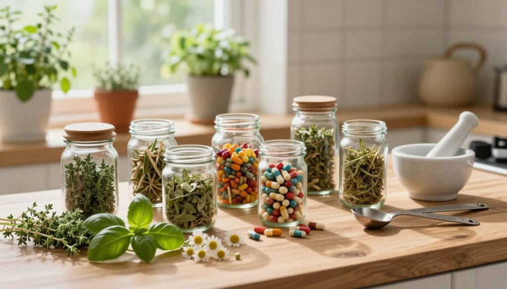 A serene, well-lit kitchen scene showcasing an array of vibrant herbal supplements in glass jars, neatly arranged on a rustic wooden countertop. In the foreground, fresh herbs like basil, thyme, and chamomile are artfully laid out alongside measuring spoons and a mortar and pestle, emphasizing the process of creating herbal remedies. The middle ground features a few open jars filled with colorful capsules and dried herbs, casting gentle shadows. In the background, soft natural light filters through a window, illuminating potted plants and an herb garden, creating a peaceful and inviting atmosphere. The overall mood is calming and inspiring, encapsulating the essence of homemade herbal wellness in a cozy, organic setting.