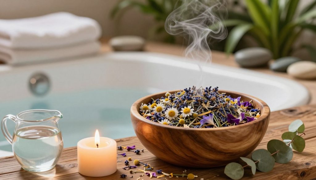 A tranquil herbal bath soak scene, featuring a beautiful wooden bowl filled with an array of vibrant dried herbs, including lavender, chamomile, and eucalyptus, alongside scattered flower petals. In the foreground, a rustic wooden table supports a softly glowing candle and a small pitcher of warm water, next to a gentle stream of steam rising from the bowl. In the middle, an inviting bath area adorned with soft towels and natural stones creates a serene atmosphere. The background reveals a lush green plant or herbal arrangement, accentuating the sense of relaxation. Warm, soft lighting enhances the calming mood, reminiscent of a spa, shot from a slightly elevated angle to capture the essence of peaceful wellness rituals.