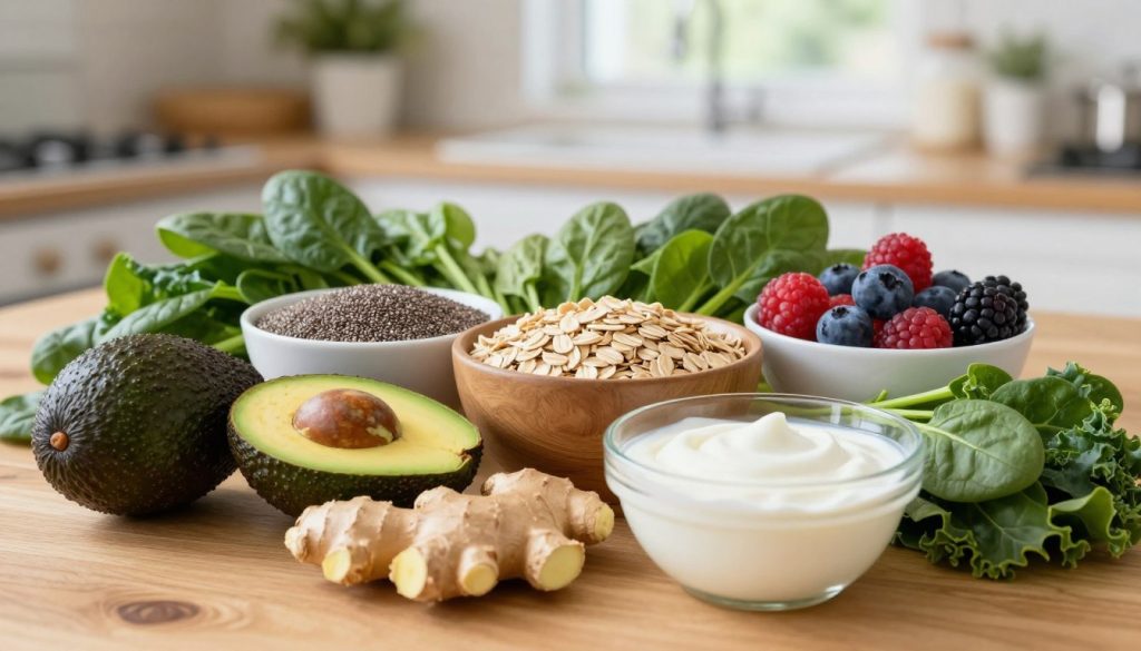 A vibrant and visually appealing composition showcasing an assortment of healthy foods that promote digestion. In the foreground, a wooden table is adorned with a colorful spread of whole foods such as ripe avocados, fresh ginger, probiotic-rich yogurt, and a variety of leafy greens like spinach and kale. In the middle ground, several bowls filled with chia seeds, oatmeal, and mixed berries are artfully arranged. The background features a soft-focus kitchen setting with natural light streaming in from a window, creating a warm and inviting atmosphere. Use a shallow depth of field to emphasize the foods, capturing intricate details of textures. The mood is fresh and nourishing, reflecting a wholesome lifestyle focused on digestive health.