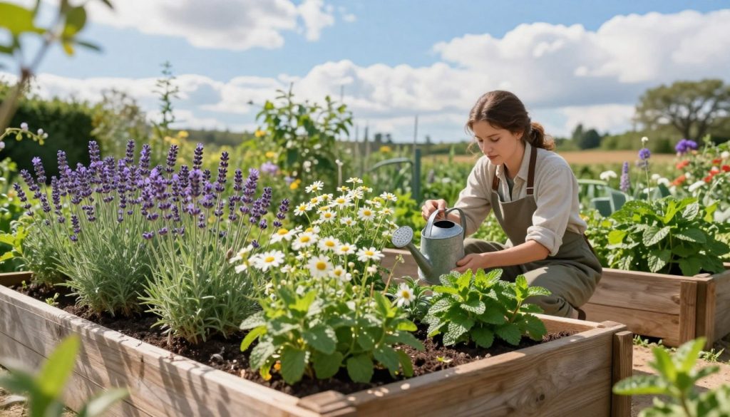 A vibrant medicinal garden in full bloom, showcasing a variety of healing herbs like lavender, chamomile, and peppermint. In the foreground, lush green plants with delicate flowers are carefully arranged in rustic wooden planter boxes. The middle ground features a small gardener kneeling, dressed in modest gardening attire, tending to the herbs with a watering can. The background reveals a sunny, serene landscape with a clear blue sky and soft, fluffy clouds, enhancing the tranquil atmosphere. Sunlight filters through the garden, casting gentle shadows and creating a warm, inviting glow. The angle captures both the detailed textures of the leaves and the overall layout of the garden, emphasizing the beauty and abundance of nature’s remedies.