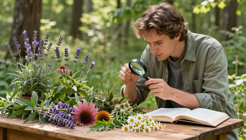 In a lush, sunlit forest clearing, a botanist in a modest casual outfit is carefully examining a variety of medicinal herbs, such as lavender, echinacea, and chamomile, placed on a wooden table. In the foreground, there are vibrant green leaves and delicate flowers, showcasing their rich textures and colors. The middle ground features the botanist using a magnifying glass to inspect a herb, with a field guide open beside them, adding to the sense of exploration. The background reveals soft, dappled sunlight filtering through the trees, casting gentle shadows and enhancing the natural beauty of the scene. The overall mood is serene and focused, emphasizing the importance of sourcing high-quality medicinal herbs. The image is captured with a shallow depth of field to draw attention to the botanist and the herbs.